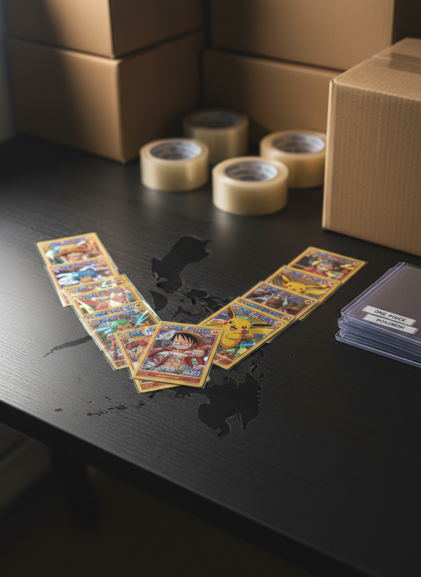 A dramatic, photographic close-up of a fan’s tabletop display of premium One Piece and Pokémon trading cards fanned out in a bold V shape, holographic foils catching the light with rainbow reflections. The cards rest on a dark, matte desk with a subtle map of the Philippines printed beneath as a backdrop. Beside the spread, neat stacks of sealed card sleeves and labeled top-loaders suggest in-stock, ready-to-ship inventory. Soft studio lighting from the upper left creates crisp highlights on the card edges and gentle shadows, enhancing texture and gloss. Shot at a slightly elevated three-quarter angle with shallow depth of field, the background fades into a bokeh of blurred shipping boxes and packaging tape, creating a bold, energetic, commerce-focused atmosphere in photographic realism.