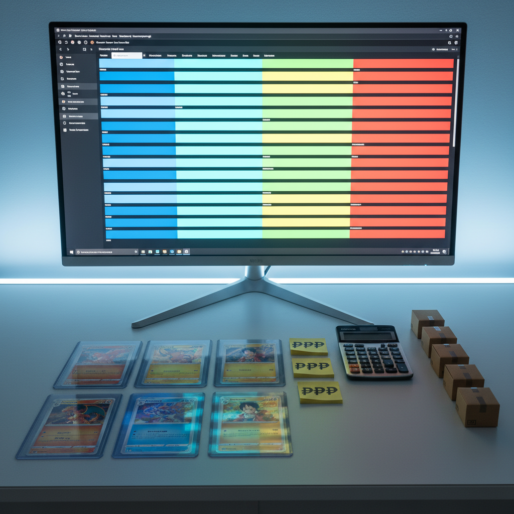 A photographic scene of a minimalist, modern desk featuring a large monitor showing an abstracted card marketplace interface without text, with rows of colorful rectangles symbolizing in-stock Pokémon and One Piece listings. In front of the monitor lies a small selection of actual cards in sleeves, arranged in tidy rows, alongside a calculator, stylized peso symbols on sticky-note-like icons, and a row of miniature cardboard mailers lined up like ready couriers. Cool, balanced LED lighting from the top and a subtle glow from the monitor create crisp reflections on the desk’s matte surface. Shot from a slightly elevated front angle, the composition remains uncluttered yet bold, communicating transparent pricing, quick order processing, and local Philippine shipping in a clean, professional, tech-forward aesthetic.
