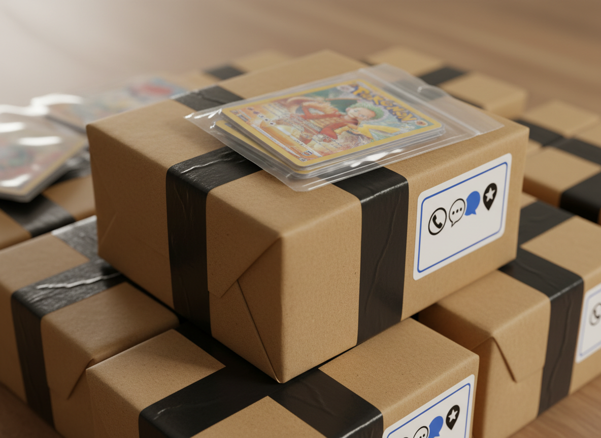 A photographic, close-up scene of a stack of freshly sealed card parcels ready for dispatch, each small box wrapped cleanly with brown kraft paper and secured with bold black tape. On top of the stack lies a transparent team bag filled with Pokémon and One Piece cards in rigid protectors, their colorful artwork visible through the plastic. A printed label featuring icons for phone, chat bubble, and location pin hints at prominent contact details and local service in the Philippines, without using actual text. Warm overhead lighting creates gentle shadows between the stacked packages and subtle highlights on the plastic and tape. Captured from a three-quarter angle with moderate depth of field, the foreground parcels are crystal clear while more stacked boxes blur into the background, conveying momentum, speed, and reliable shipping.