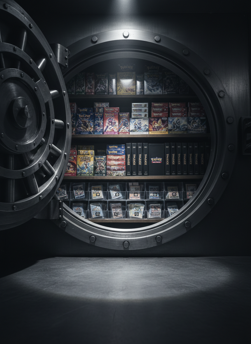 A cinematic, photographic image of a sturdy, dark metal storage vault partially open, revealing meticulously organized rows of Pokémon and One Piece card boxes and binders stacked inside like treasure. The vault’s interior shelves display transparent bins filled with sleeved cards, each bin labeled with crisp, non-text symbols for set type and price tier. Soft, directional spotlighting from above creates dramatic highlights on the vault door’s brushed metal and the glossy card surfaces, casting deep, bold shadows that enhance the sense of rarity and value. Shot from a low angle, looking slightly upward into the vault, the composition emphasizes depth and abundance while keeping every card box sharply rendered. The mood is confident and powerful, echoing the idea of a secret stash of in-stock, ready-to-ship collectibles.