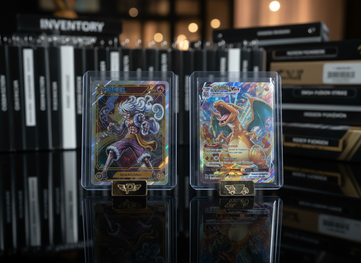 A detailed, photographic close-up of a high-end One Piece card and a premium Pokémon card displayed side by side on clear magnetic cases, standing upright on a reflective black surface. Subtle engraved symbols beneath each stand represent affordability and local shipping in the Philippines, such as stylized peso signs and a tiny delivery truck. Behind them, blurred shelves packed with organized binders and labeled card boxes suggest deep, in-stock inventory. Directional, high-contrast lighting from the side creates intense highlights along the card edges and striking reflections on the glossy cases, giving a luxurious, gallery-like feel. Shot at eye level with shallow depth of field, the background melts into soft bokeh, making these two cards the undisputed stars and conveying a bold, collector-grade atmosphere.