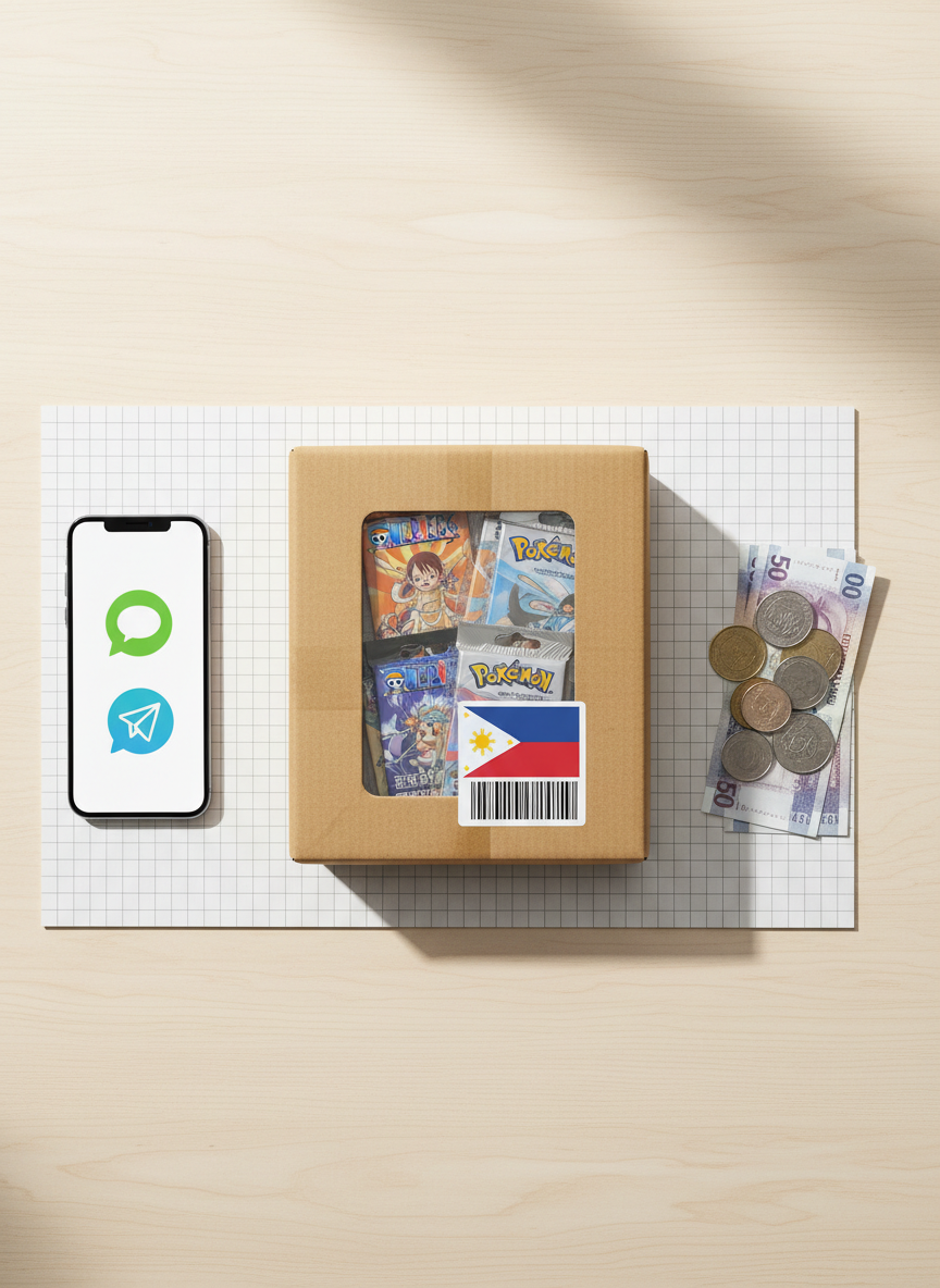 A clean, photographic flat lay of a complete online order workflow themed around the Philippines: in the center, a neatly packed parcel containing One Piece and Pokémon cards in protective sleeves, surrounded by a shipping label adorned with a subtle Philippine flag motif, a smartphone displaying stylized icons for chat and messaging instead of text, and a small stack of peso coins and bills indicating local pricing. The items rest on a light wooden desk with faint grid lines, giving a precise, organized feel. Bright, diffused daylight from a nearby window casts soft, shadowless illumination, making colors vivid and details crisp. Shot directly from above with balanced composition, the image feels modern, trustworthy, and action-oriented, visually communicating easy communication, transparent pricing, and fast domestic shipping without relying on written words.